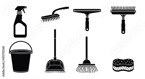 Black silhouettes of various cleaning supplies arranged on a white background