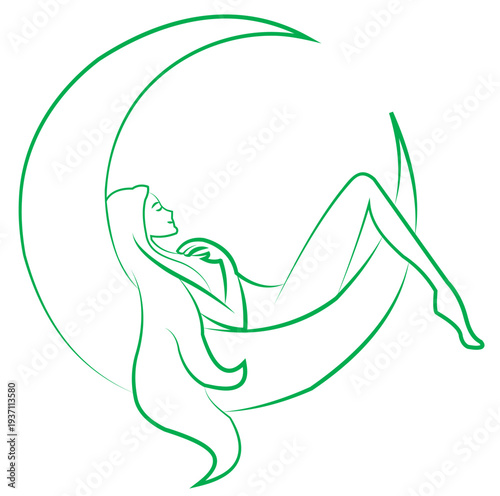 Green line art of a woman reclining on a crescent moon