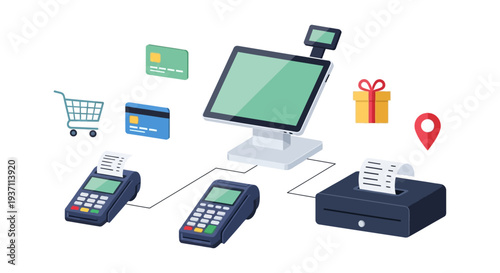 Integrated Retail & E-commerce Payment Solutions: POS System, Card Terminals & Online Shopping Concept