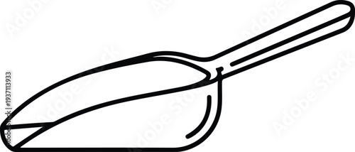 A minimalist black outline drawing depicts a simple kitchen scoop, vector Illustration