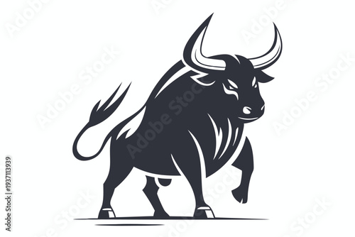 Bold black bull with large horns stands powerfully in a minimalist artistic rendering