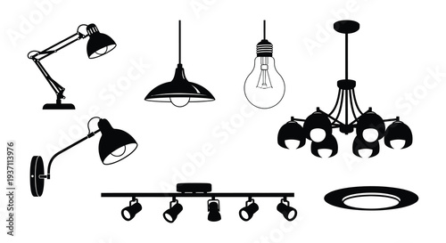 A collection of black and white lamp and lighting fixture illustrations