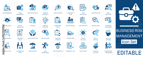 Business Risk Management icon set. Includes symbols for Anti Money Laundering, Fraud Detection, ESG Strategy, and Crisis. Solid glyph vector icons for finance, security, and compliance projects.