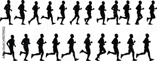 Collection of running athlete silhouettes, men jogging and sprinting in different motion poses, fitness training and marathon runner vector illustration set