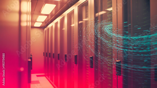 Data center server room with glowing blue digital information streams flowing through rows of high tech equipment cabinets representing cloud computing storage and fast network connectivity speeds