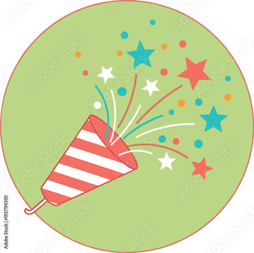 Party popper celebration icon with colorful stars and confetti for events, festivals, holidays, and joyful occasions