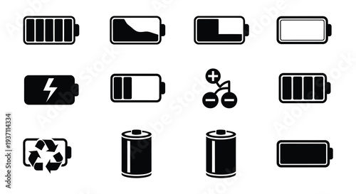 A series of black battery icons illustrating various charge levels