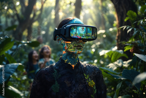 Woman wearing virtual reality headset in a lush green forest environment. Conceptual technology photography for VR experiences, nature immersion, and gaming.
