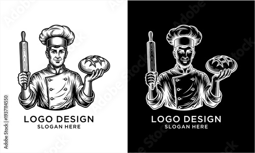 Vintage Hand-Drawn Chef Logo with Rolling Pin and Bread.