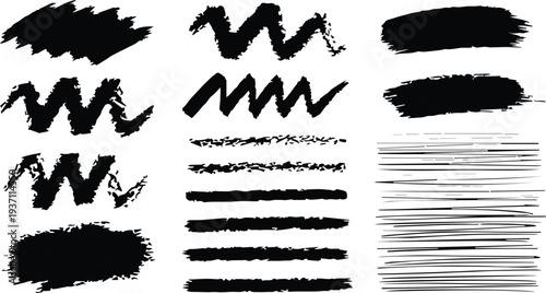 Collection of black brush strokes and lines on a white background for artistic and design purposes