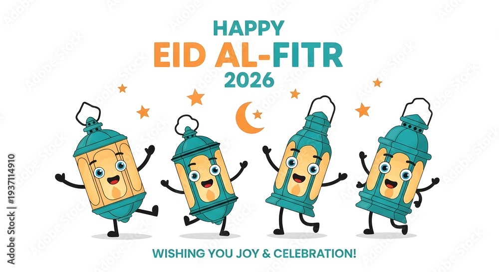 Fototapeta premium Happy eid al-fitr 2026 card with dancing lanterns and stars on white background