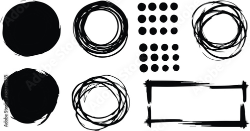 A collection of abstract black ink brushstrokes and shapes on a white background