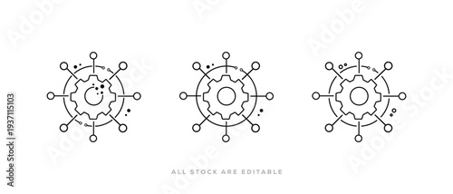 Thin Line Framework Vector Icon Set – Web, App, and System Architecture vector illustration. Gear Network line  Icon. Technology Outline Symbol