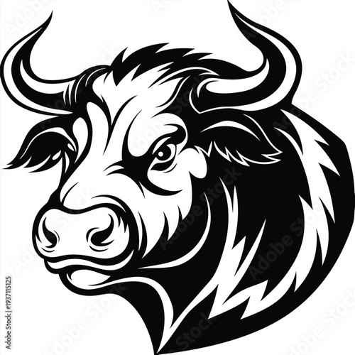 Bold black and white stylized headshot of a powerful bull with fierce eyes