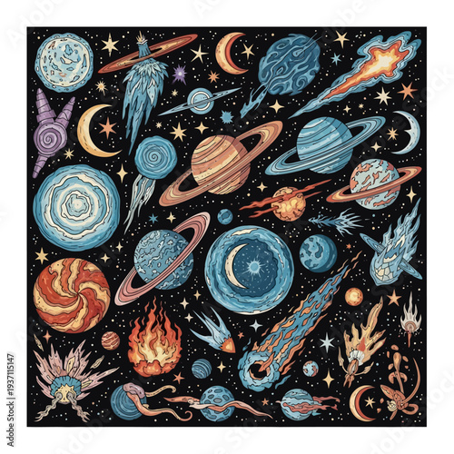 Vibrant illustration of celestial bodies in space.