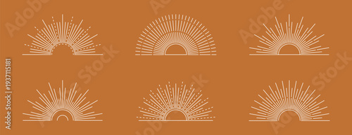 Set of gold boho half sunrise line icons with various retro, geometric, and radiating line designs