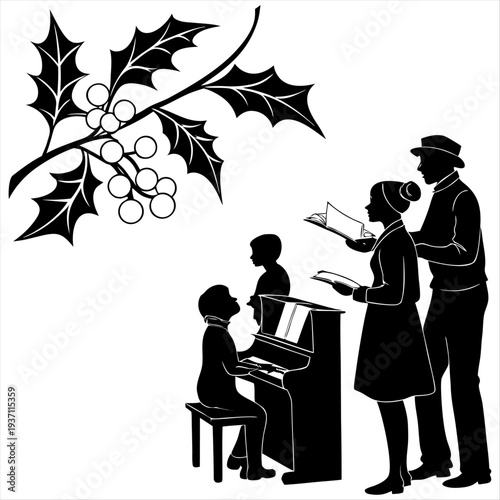 Family singing Christmas carols around piano vector illustration with friends playing music black and white holiday celebration sketch