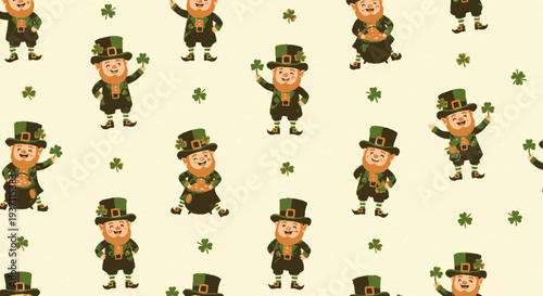 Happy leprechauns in green hats and shamrocks on cream background for st patrick's day