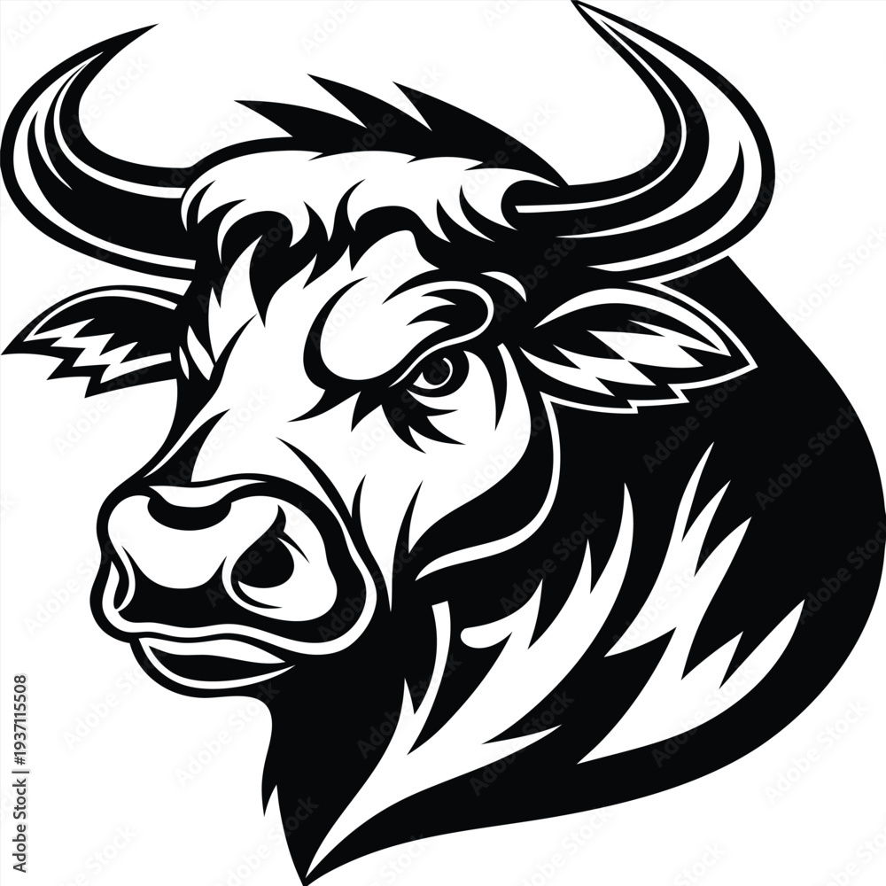 Obraz premium Imposing angry bull charges forward in a bold monochrome illustration against white