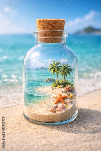 Miniature tropical island with palm trees, sandy beach, and starfish enclosed inside a glass bottle on a real coastal shoreline