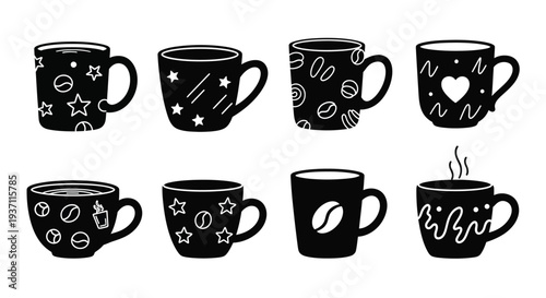 Collection of black and white coffee mugs with various decorative patterns