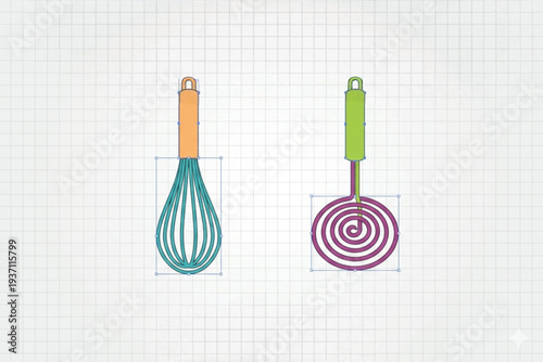 Vector Illustration of Kitchen Utensils Featuring a Balloon Whisk and a Spiral Whisk for Baking and Cooking Isolated on Grid Background