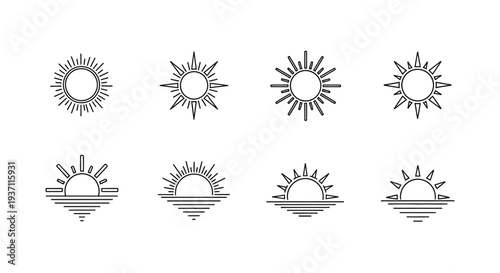 Collection of minimalist sun and sun with horizon line art icons