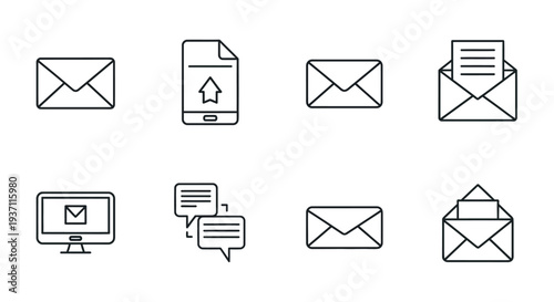 Collection of simple black line icons representing email and messaging