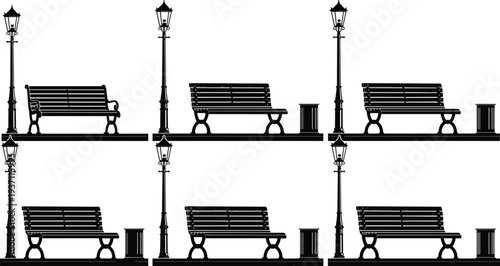 Silhouettes of wooden park benches and vintage street lamps positioned on a sidewalk isolated on a plain white background.Silhouettes of wooden park 