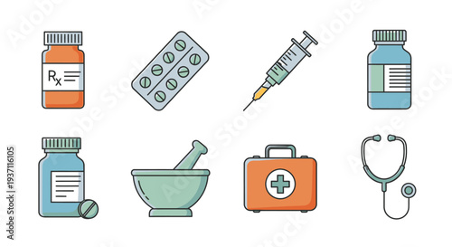 Medical supplies and equipment depicted in a colorful illustrative style