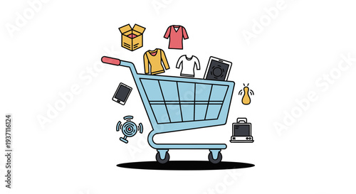 Online Shopping E-commerce Concept: Shopping Cart with Clothes, Electronics, and Digital Icons