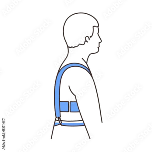 Man Wearing Blue Shoulder Posture Corrector Brace Side Profile Vector Illustration