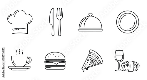 Culinary icons set chef s hat utensils food and beverage illustrations