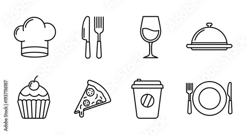 Line art icons depicting various food and dining related items