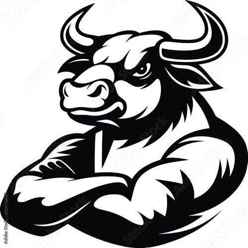 Powerful bull stands with arms crossed; its monochrome design exhibits formidable strength