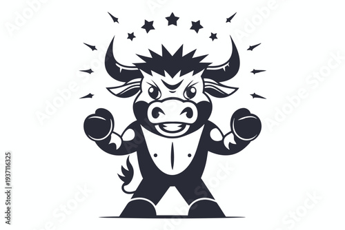 Monochrome muscular bull mascot with fierce expression shows its power within a shield