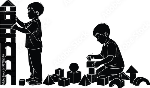 Silhouettes of young boys playing with wooden building blocks and constructing a tall toy tower on a white background.