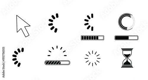 Collection of loading icons and a computer cursor on a white background