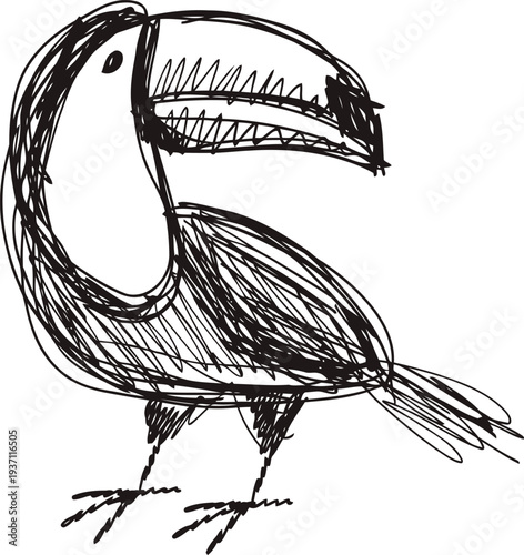 Hand drawn sketch of a toucan bird in black ink with simple, rough strokes and detailed beak features