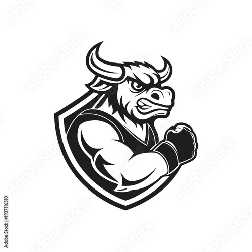 Cartoon bull in boxing gloves stands proudly with stars above his head