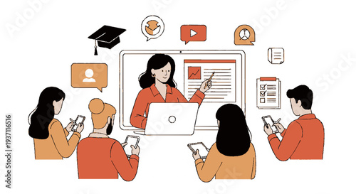 Online learning concept with students and teacher using digital devices for remote education