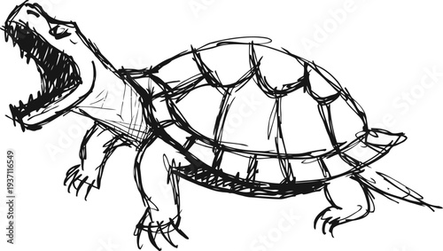 Aggressive snapping turtle sketch with open mouth, detailed reptile anatomy drawing, wild animal illustration