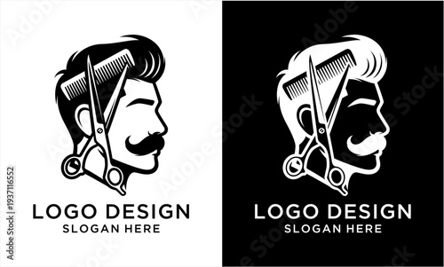 Barber shop logo with a mans profile, comb, and scissors.