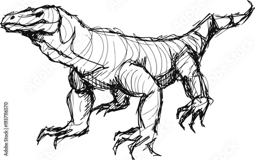 Sketch of a fierce lizard standing on four legs with detailed claws and textured skin