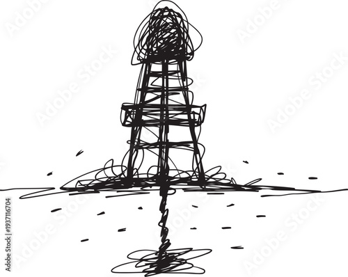 black sketch of offshore oil rig with drilling platform and derrick structure