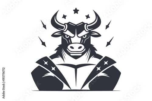 Black and white shows an angry bull with fists ready to fight