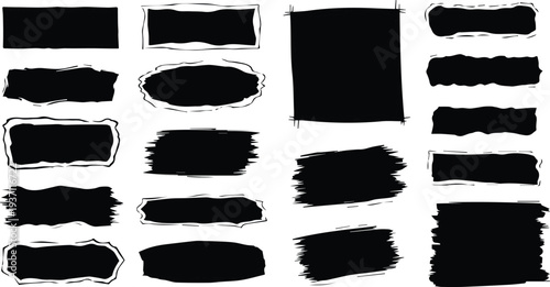 A collection of black rectangular and oval shapes with varied textures and sizes on a white background