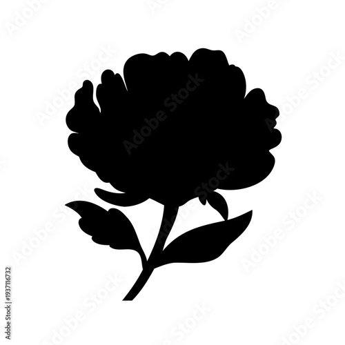 Monochrome silhouette of a peony flower blossom with stem and leaves