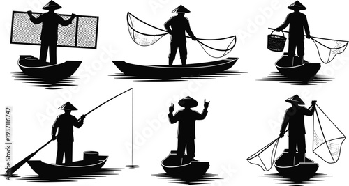 Traditional Asian fisherman silhouettes on small boats using nets and rods for artisanal fishing culture and maritime industry concepts