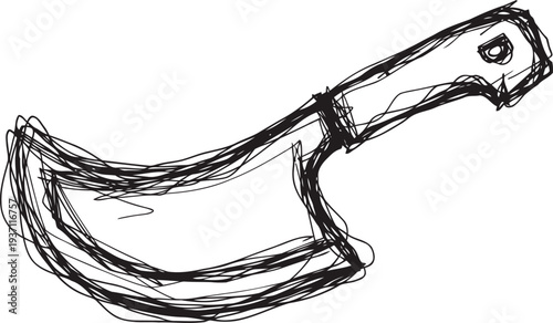 hand drawn sketch of meat cleaver knife with curved blade and handle for chopping